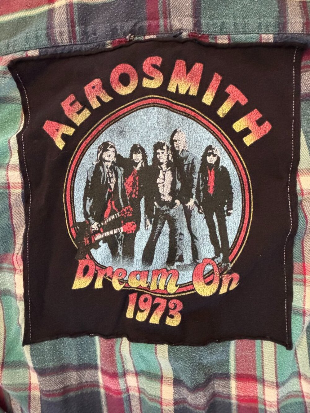 Sojara Aerosmith Upcycled Flannel Shirt Custom Rock Band Graphic Back Patch